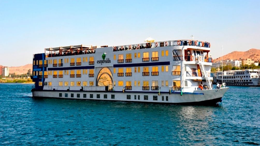 Large, white cruise ship on the Nile in Egypt