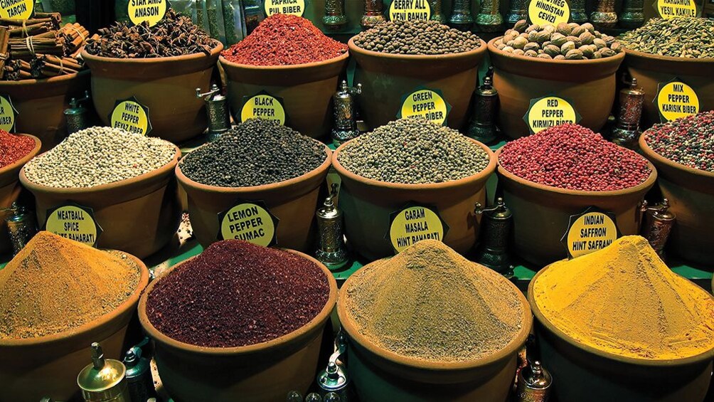 Large pots of spices at Istanbul bazaar