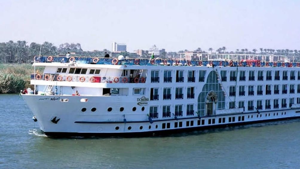 Closeup of large, white cruise ship on the Nile in Egypt 