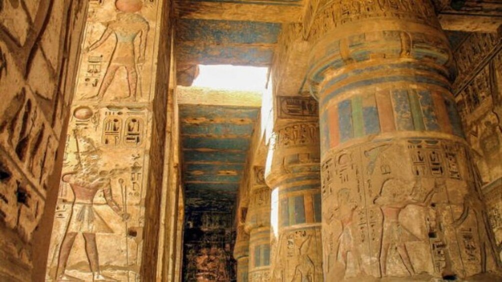 Colorful, carved pictures inside Egyptian temple