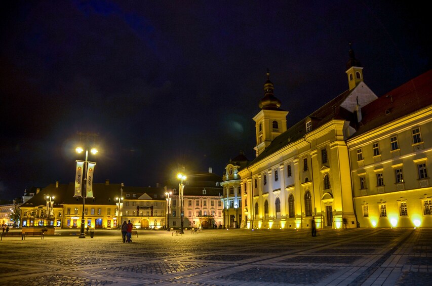 view of a typical street in the center of romanian city sibiu