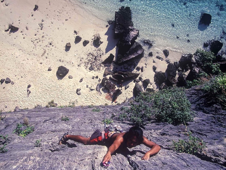 Aerial view of person rock climbing in Ao Nang, Thailand