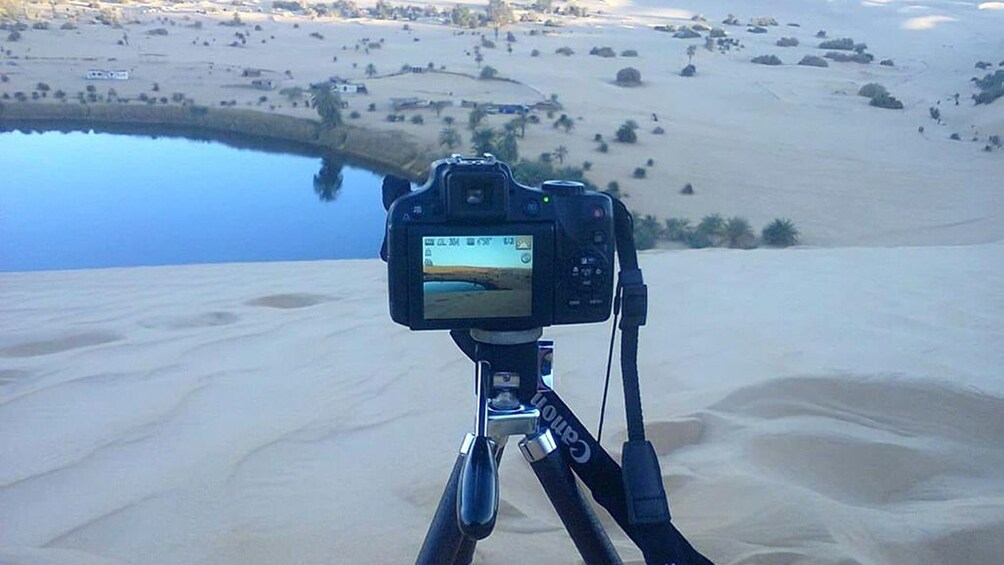 View through digital camera on tripod of Siwa Oasis