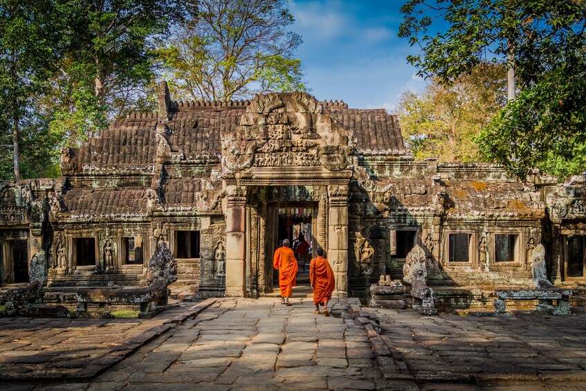 Monks walking in the Angkor Wat Temples in Siem Reap 