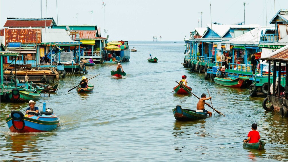 Colorful buildings and boats on Tonle Sap Lake in Cambodia