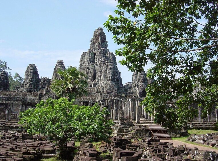 Ancient shrines and trees at Bayon Temple in Cambodia
