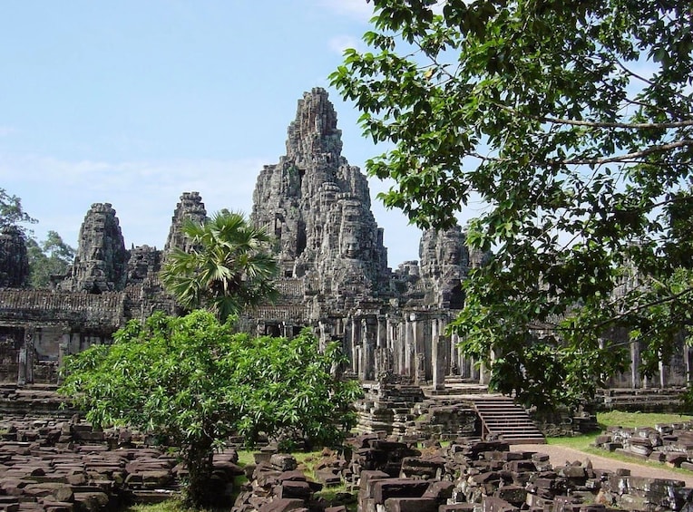 Ancient shrines and trees at Bayon Temple in Cambodia