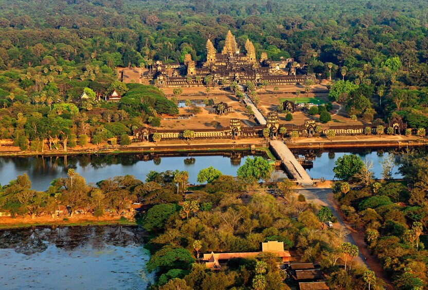 Aerial view of entire Angkor Wat complex in Siem Reap, Cambodia