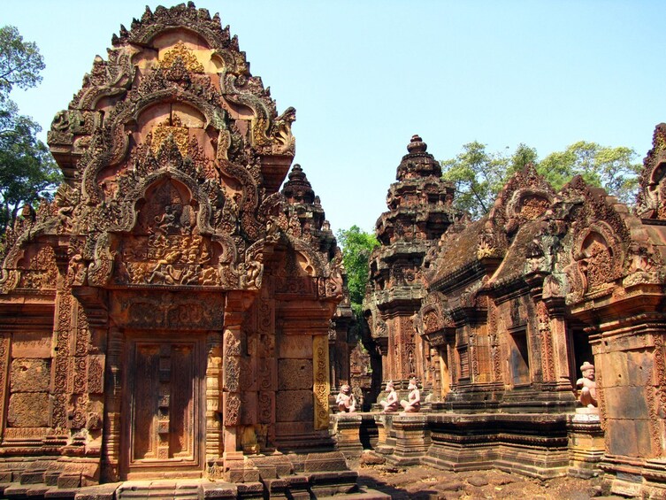Carved shrines at Banteay Srey Temple in Cambodia