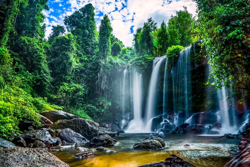 Panoramic view of waterfalls at Kbal Spean in Angkor, Cambodia