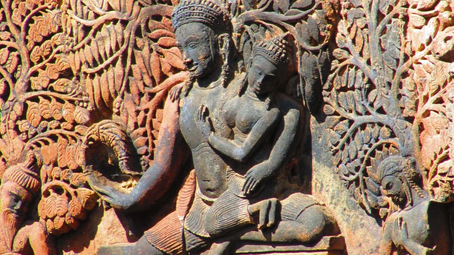 Carved walls of Banteay Srei in Angkor, Cambodia
