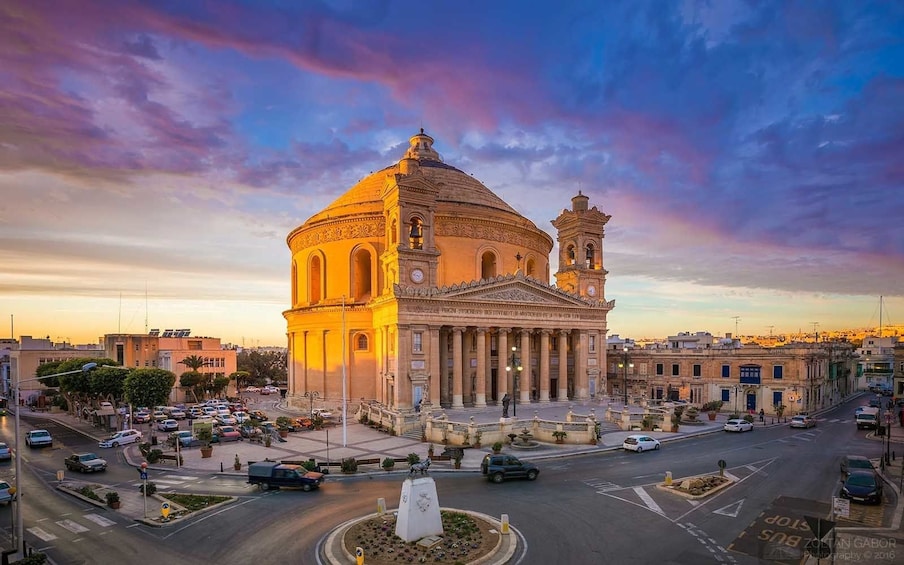 Mosta Rotunda Church at sunset in Mosta, Malta