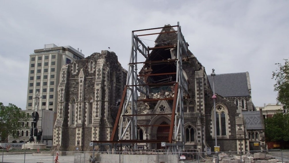 Damaged Christchurch Cathedral on a grey day