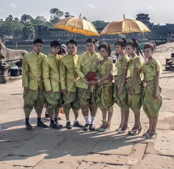 Bridal party poses for a photo in Krong Siem Reap