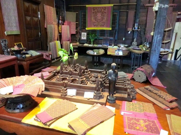 Silk displayed in room of silk factory in Khmer village