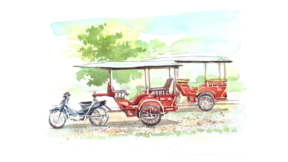 Small watercolor painting of two red rickshaws