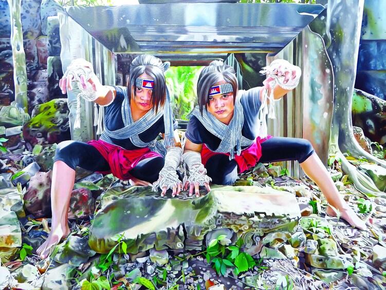 Stylized photo of young girl kneels in warrior pose 