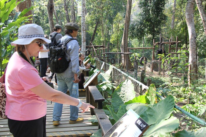 Tourist reads information board at Tat Kuang Si Bear Rescue Centre