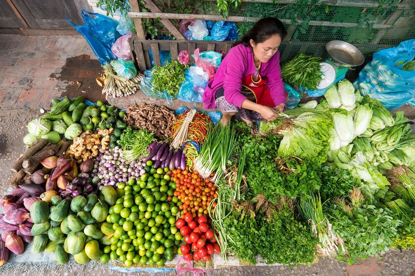 Woman kneels surrounded by vegetables for Luang Prabang morning market