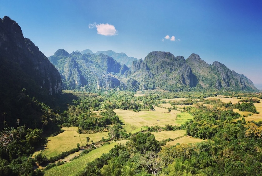 Panoramic view of Vang Vieng valley and mountains