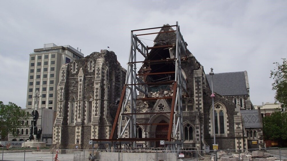 Damaged Christchurch Cathedral on a gray day