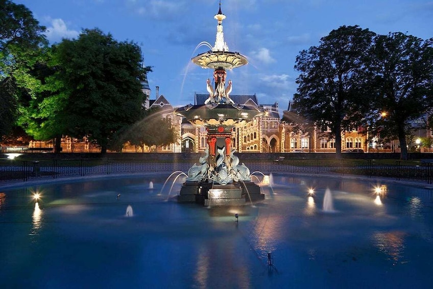 Peacock Fountain in Christchurch Botanic Gardens at night