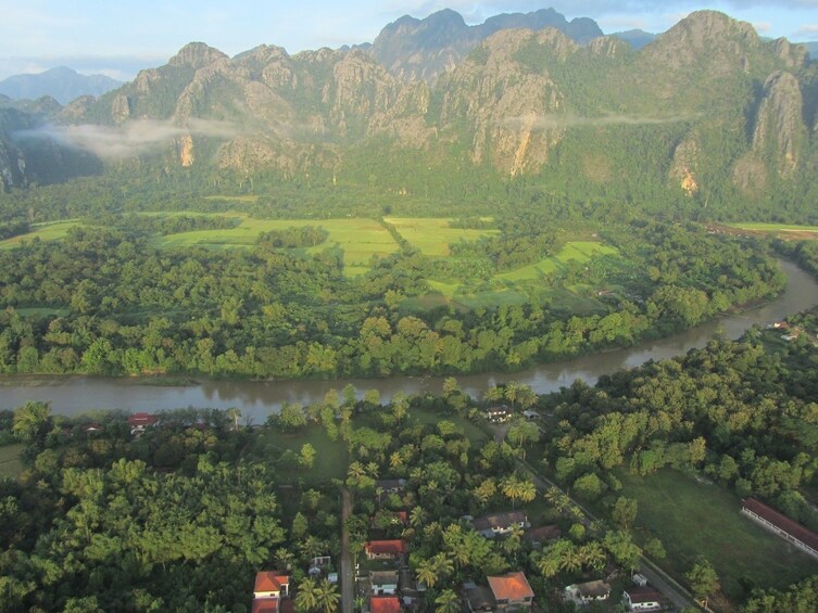 Aerial of Vang Vieng landscape on a cloudy day