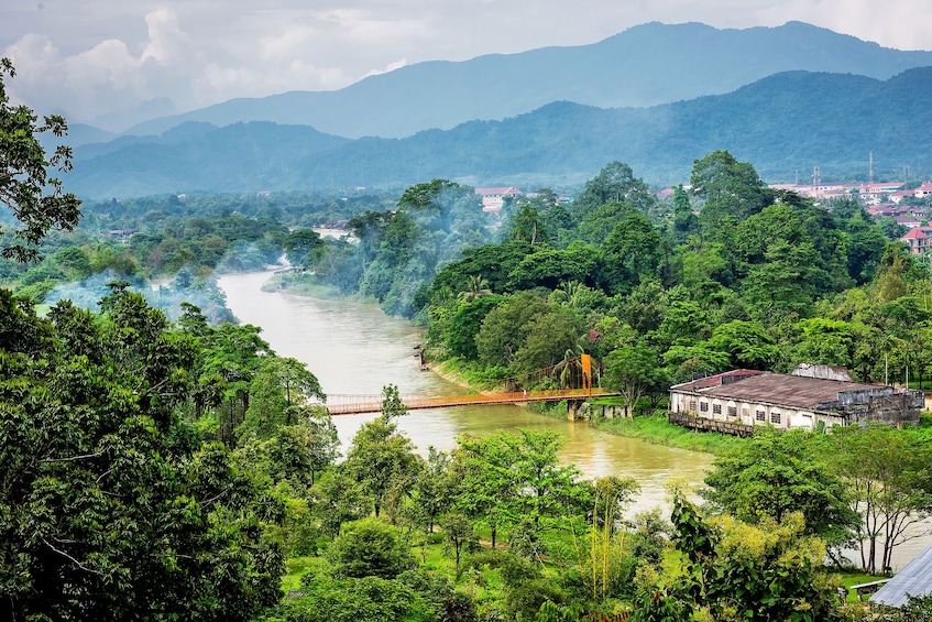 Aerial view of Vang Vieng, Laos on a cloudy day