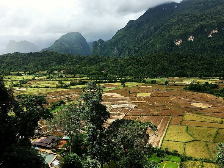 Aerial view of farmland in Vang Vieng, Laos 
