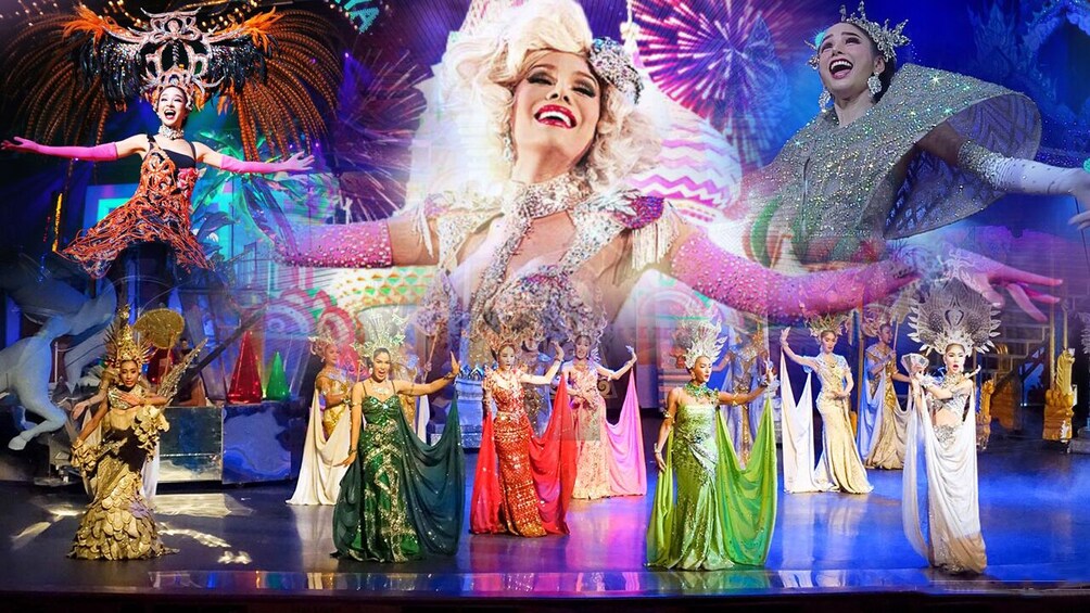 Closeup of performers and panoramic view of stage at Tiffany's Show Pattaya