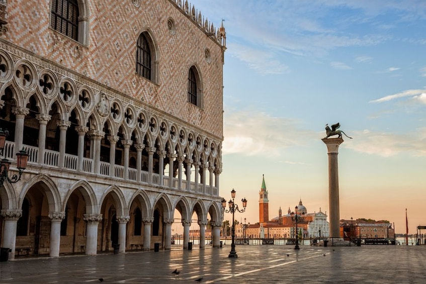 Doge's Palace and surrounding plaza at sunset