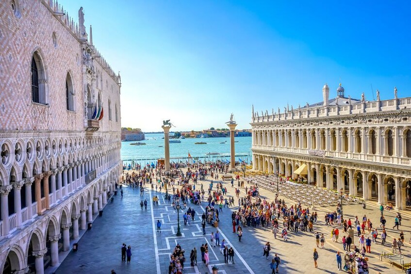 Aerial view of St. Mark's Square and water from terrace in Venice, Italy