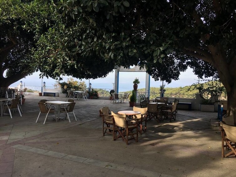 Shaded plaza overlooking the water in Rhodes, Greece