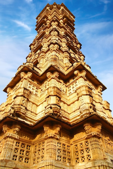 Closeup of Vijaya Stambha monument in Chittorgarh, India