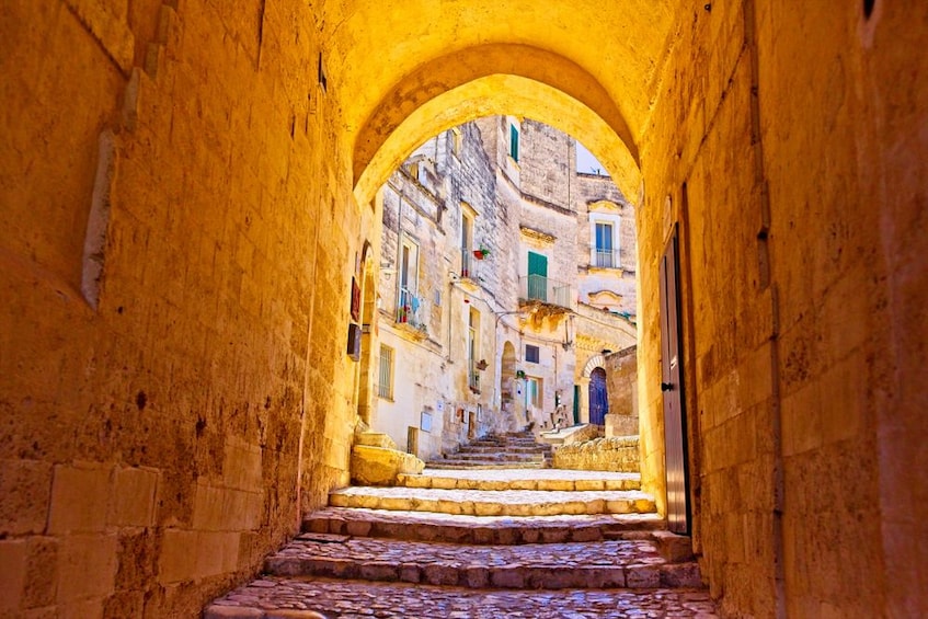 View from covered corridor of Matera