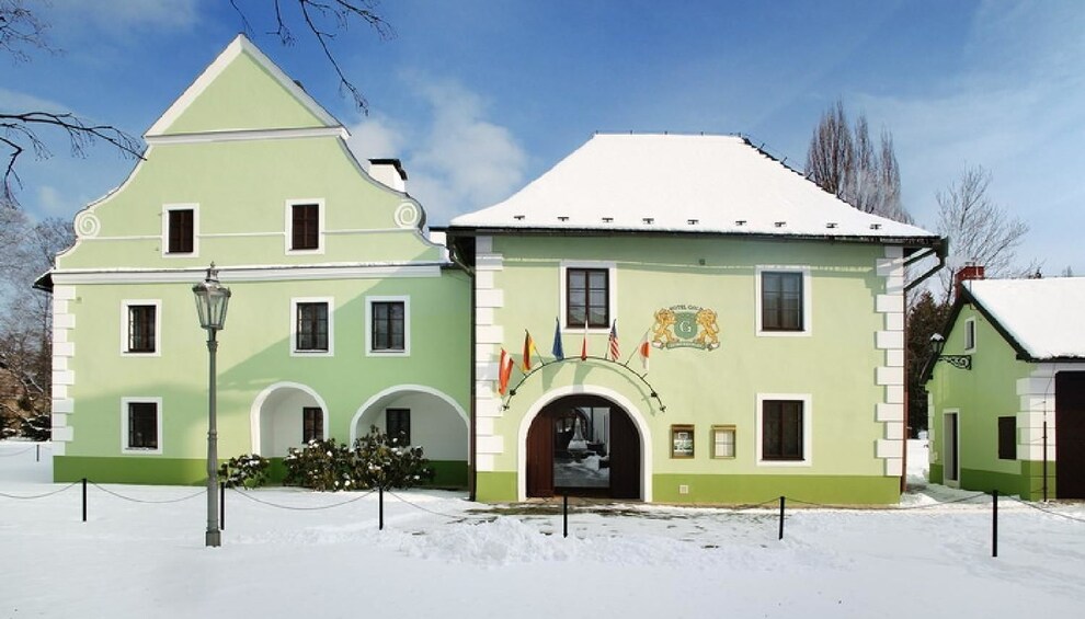Light green building in Cesky Krumlov, Czech Republic