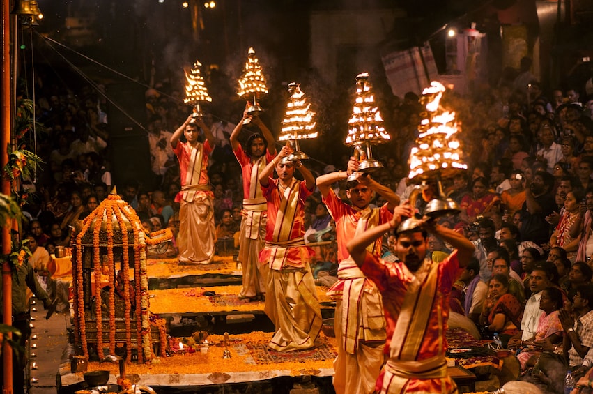 A Hindu priest performs the Ganga Aarti ritual in Varanasi, India