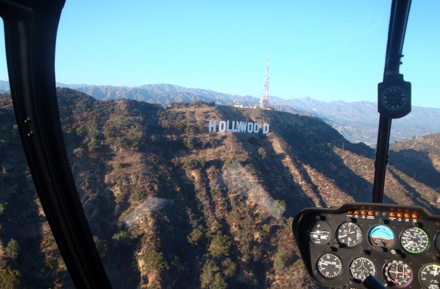 View from helicopter window of the Hollywood sign