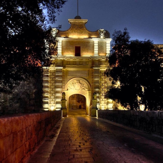 Night view of Mdina Gate