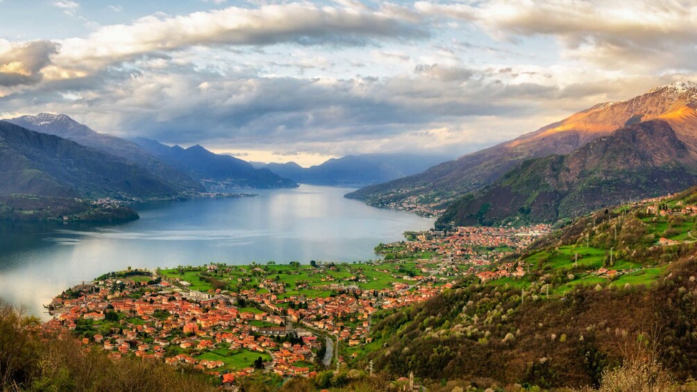 Panoramic view of Lake Como and surrounding mountains and villages