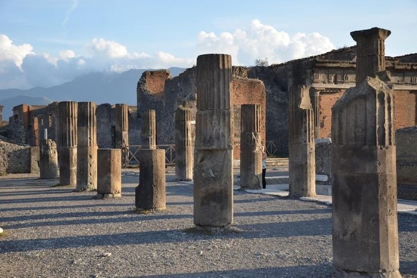 Row of column ruins in Pompeii