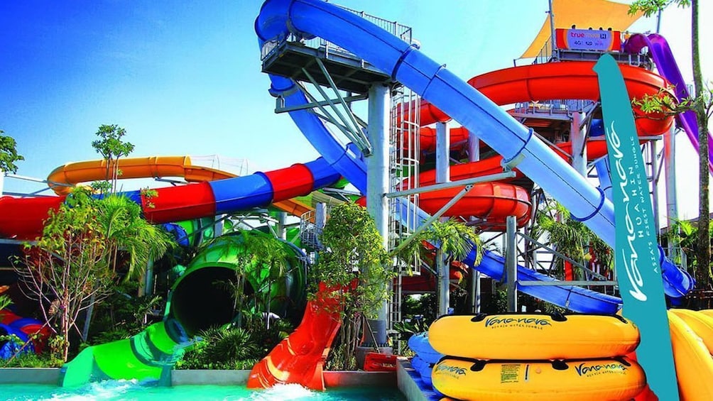 Colorful slides and inner tubes at Vana Nava Waterpark in Thailand