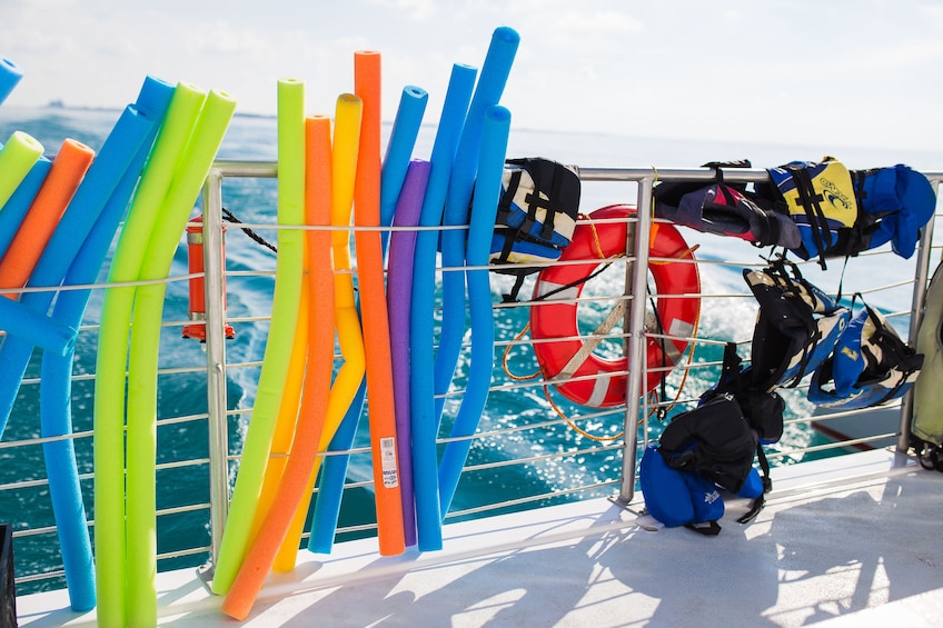 Pool noodles and life vests hang on side of boat in Key West
