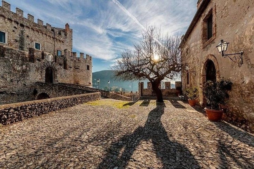 Sun shines through tree onto Castello Orsini Hotel