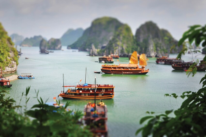 Day view of the 3-star Junk Boat Cruise boats on Halong Bay 