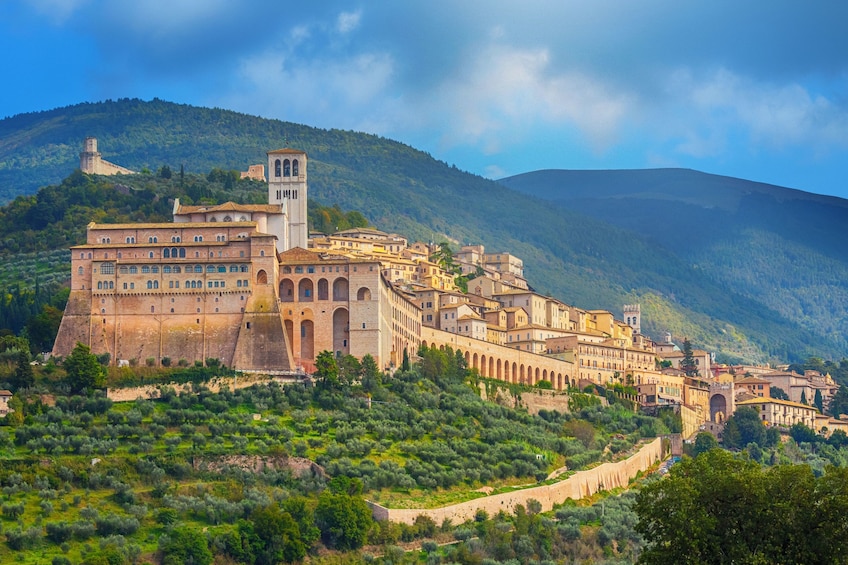 City of Assisi surrounded by trees and mountains