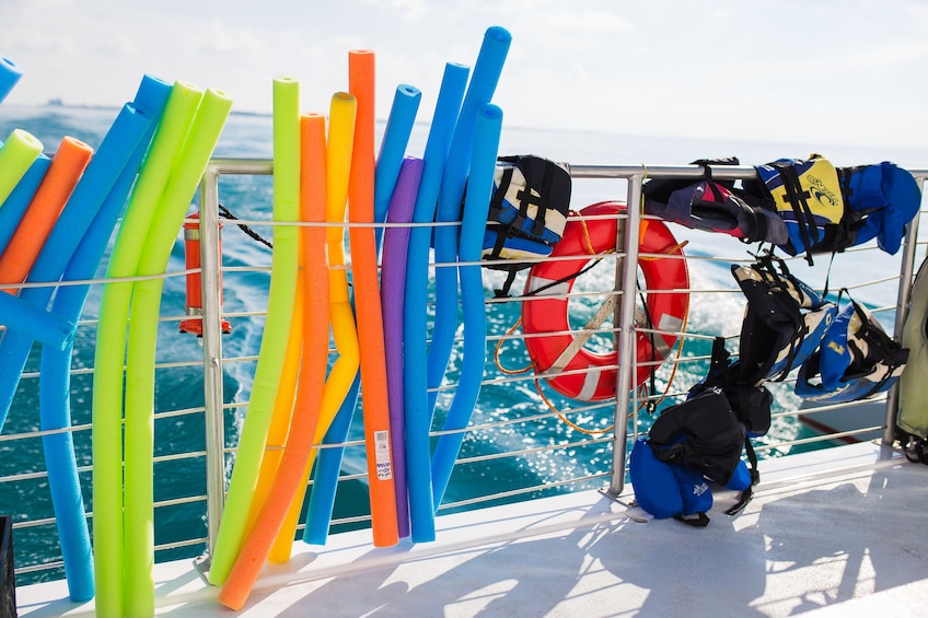 Show item 4 of 10. Pool noodles and life jackets on boat in Key West