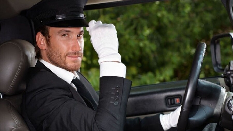 Van driver poses with hat in car