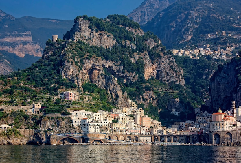 Buildings surrounding by cliffs on the Amalfi Coast