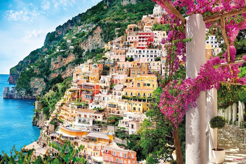 Colorful buildings and flowers on Positano coast